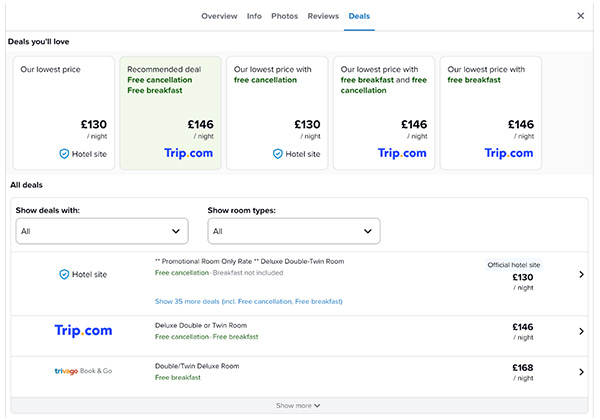 Hotel Metasearch Example Kayak